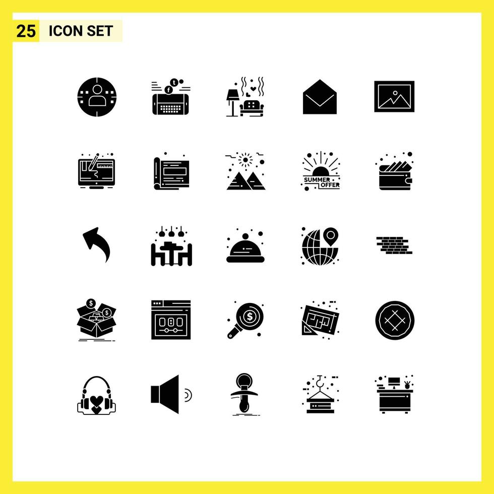 Mobile Interface Solid Glyph Set of 25 Pictograms of album message lump mail wedding Editable Vector Design Elements