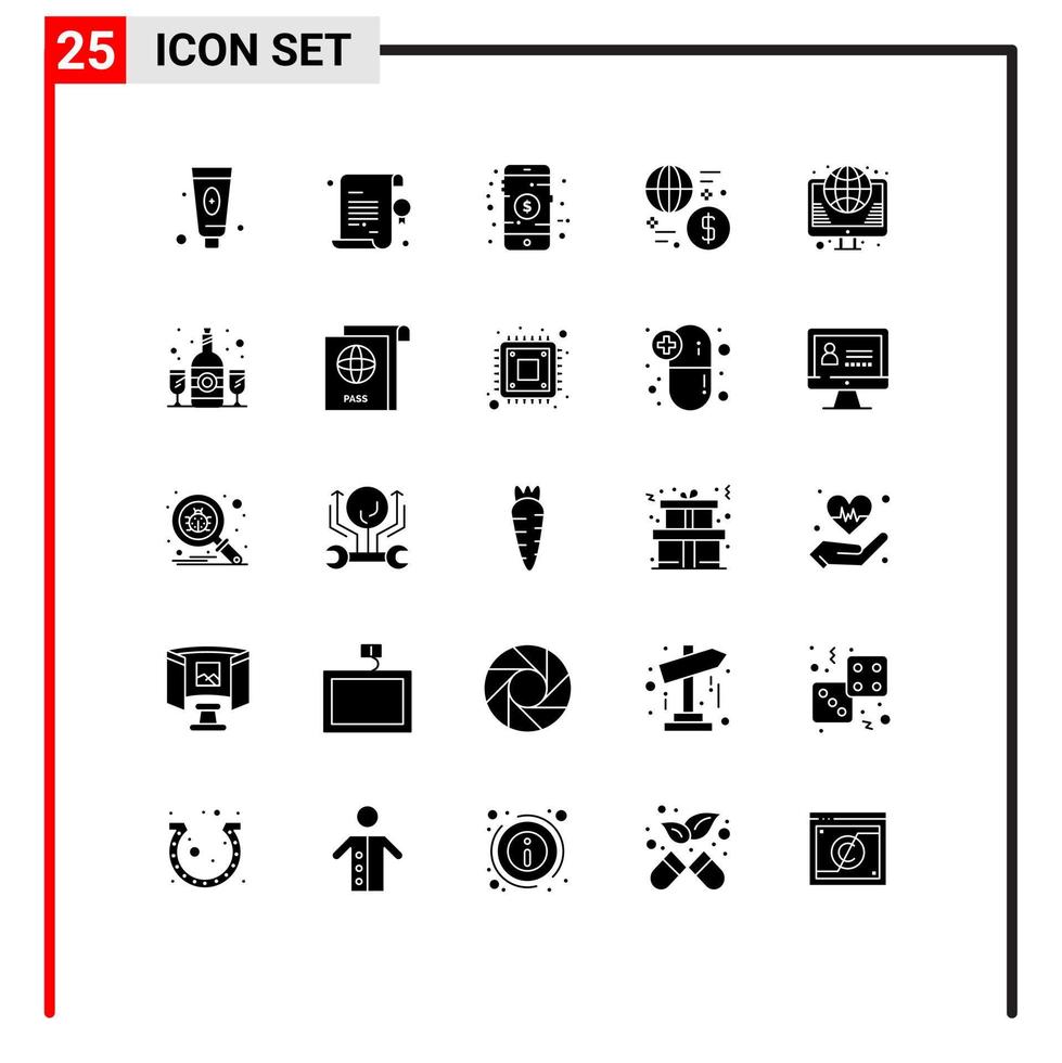 25 User Interface Solid Glyph Pack of modern Signs and Symbols of globe money mobile global currency Editable Vector Design Elements