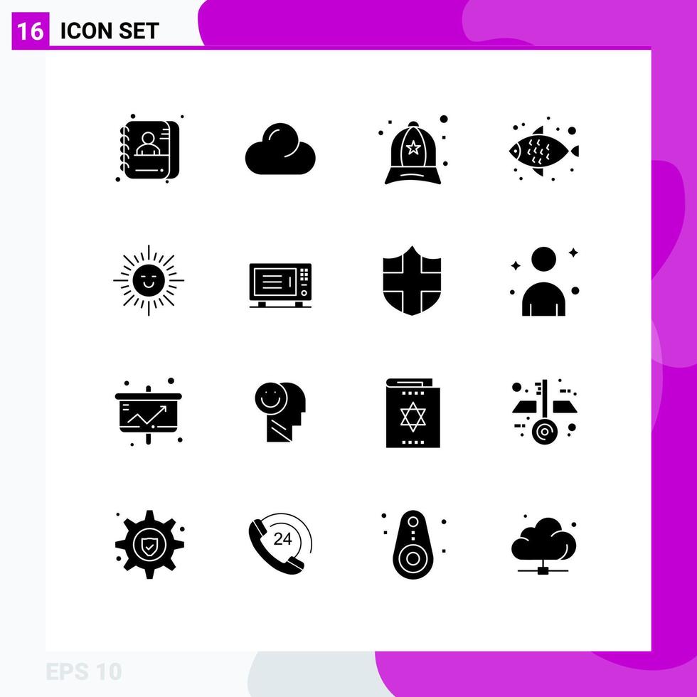 Mobile Interface Solid Glyph Set of 16 Pictograms of electric shinning cap beach sea food Editable Vector Design Elements