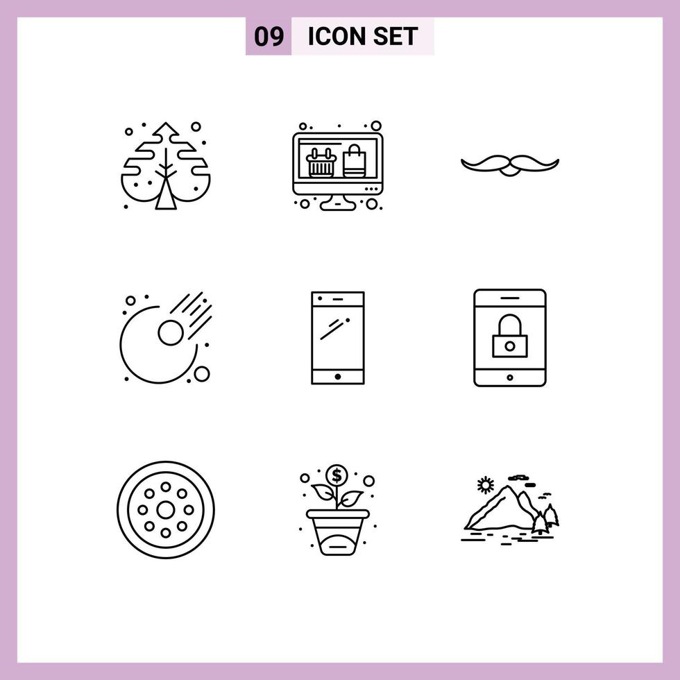 Set of 9 Modern UI Icons Symbols Signs for smart phone meteor moustache astronomy men Editable Vector Design Elements