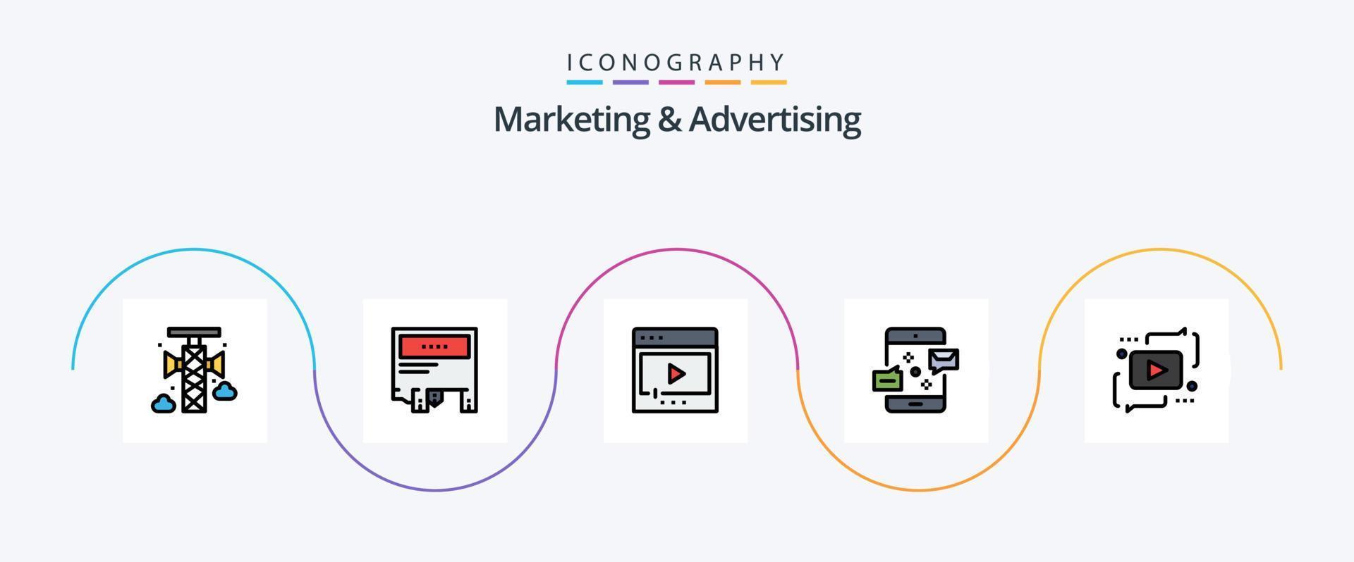 márketing y publicidad línea lleno plano 5 5 icono paquete incluso marketing. conexión. papel. comunicación. multimedia vector