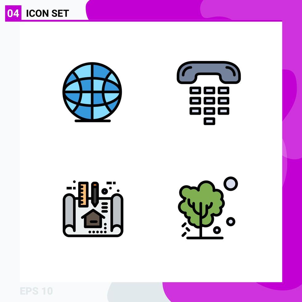 4 Thematic Vector Filledline Flat Colors and Editable Symbols of globe architecture call device scheme Editable Vector Design Elements