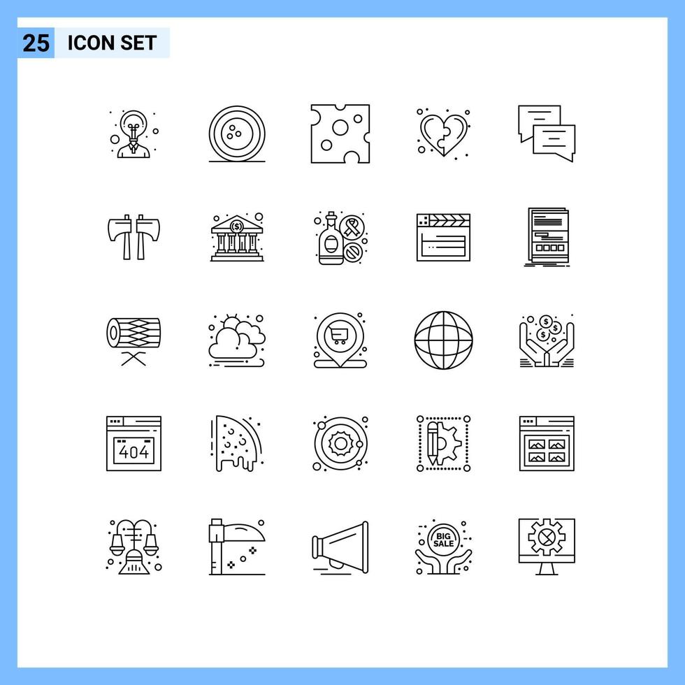 User Interface Pack of 25 Basic Lines of chat heart cheese health development Editable Vector Design Elements
