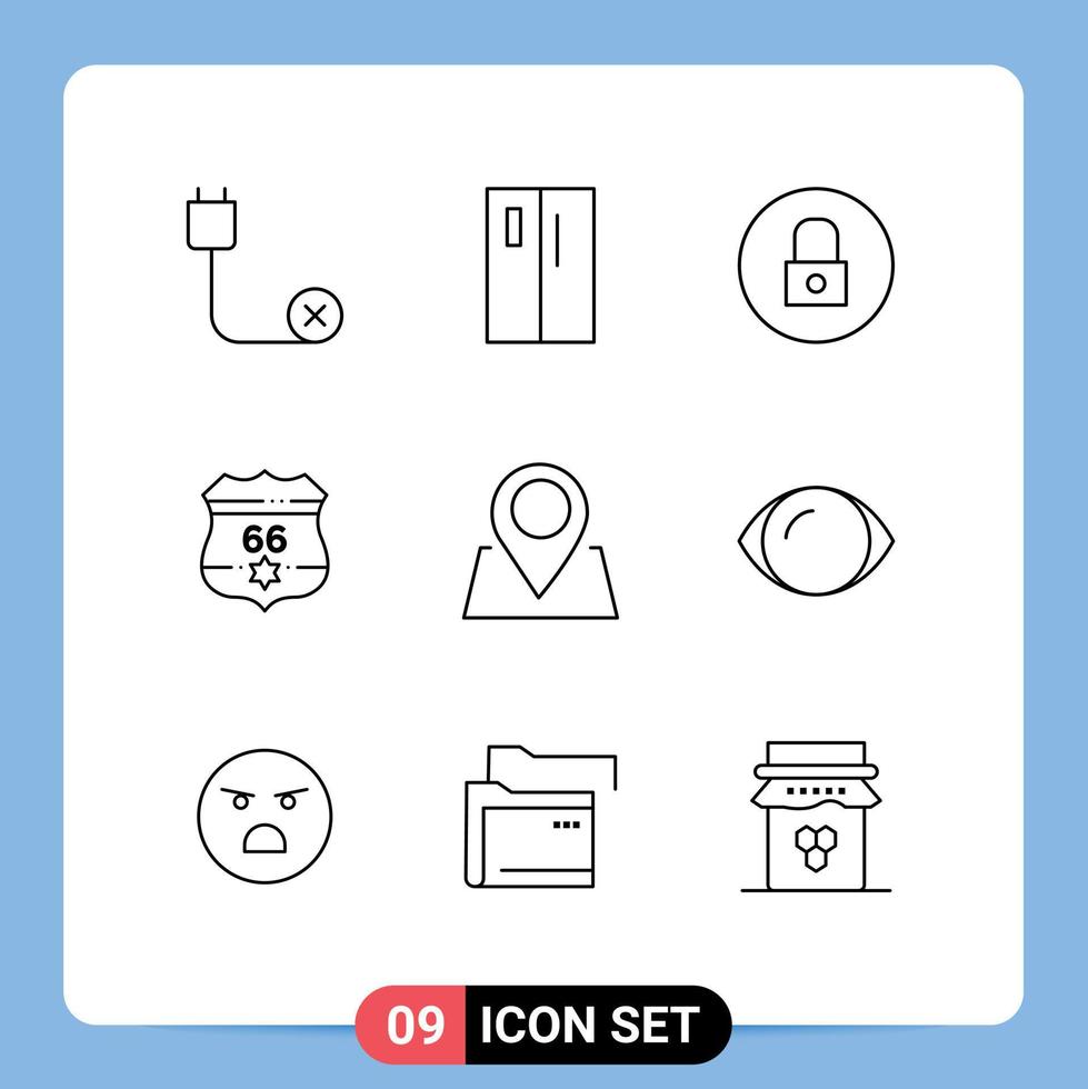 Modern Set of 9 Outlines Pictograph of security shield refrigerator american media player Editable Vector Design Elements