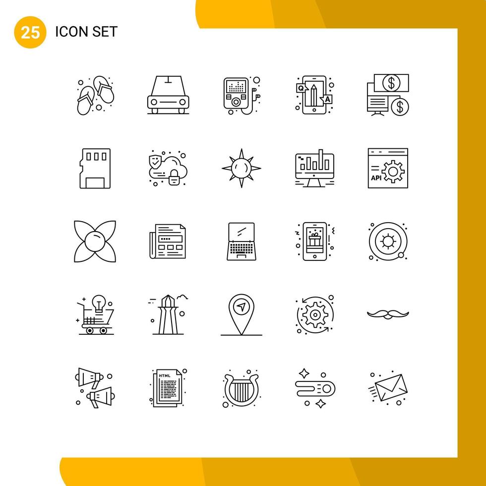 25 User Interface Line Pack of modern Signs and Symbols of card click player bank qa Editable Vector Design Elements