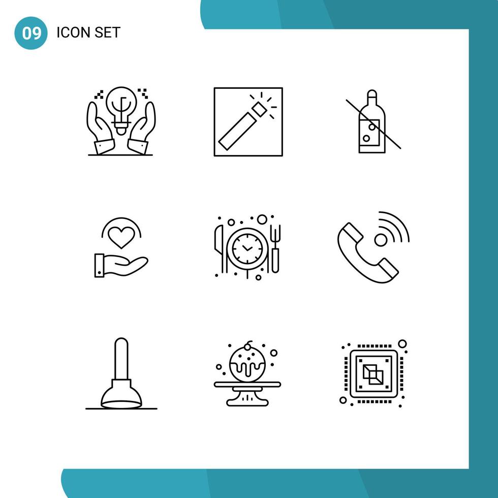 Pack of 9 Modern Outlines Signs and Symbols for Web Print Media such as reservation hand alcohol heart medical Editable Vector Design Elements