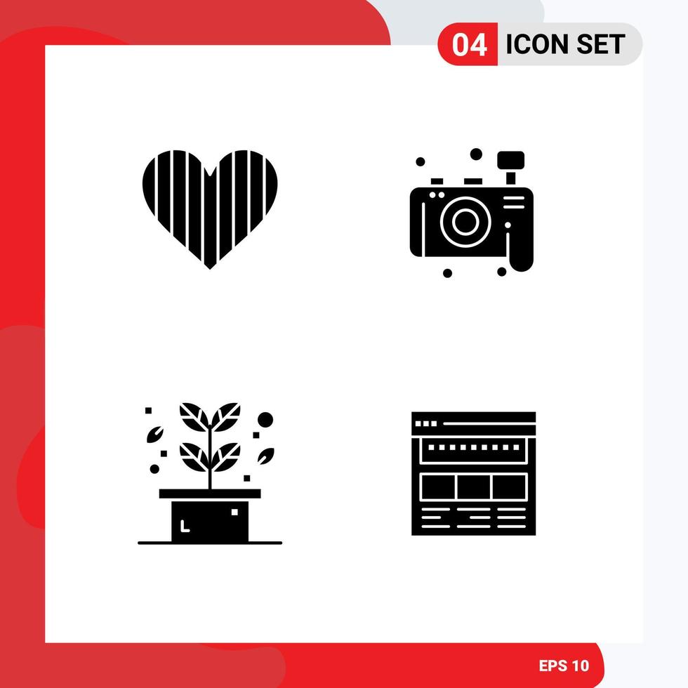 4 Thematic Vector Solid Glyphs and Editable Symbols of heart leaf favorite photo spa Editable Vector Design Elements