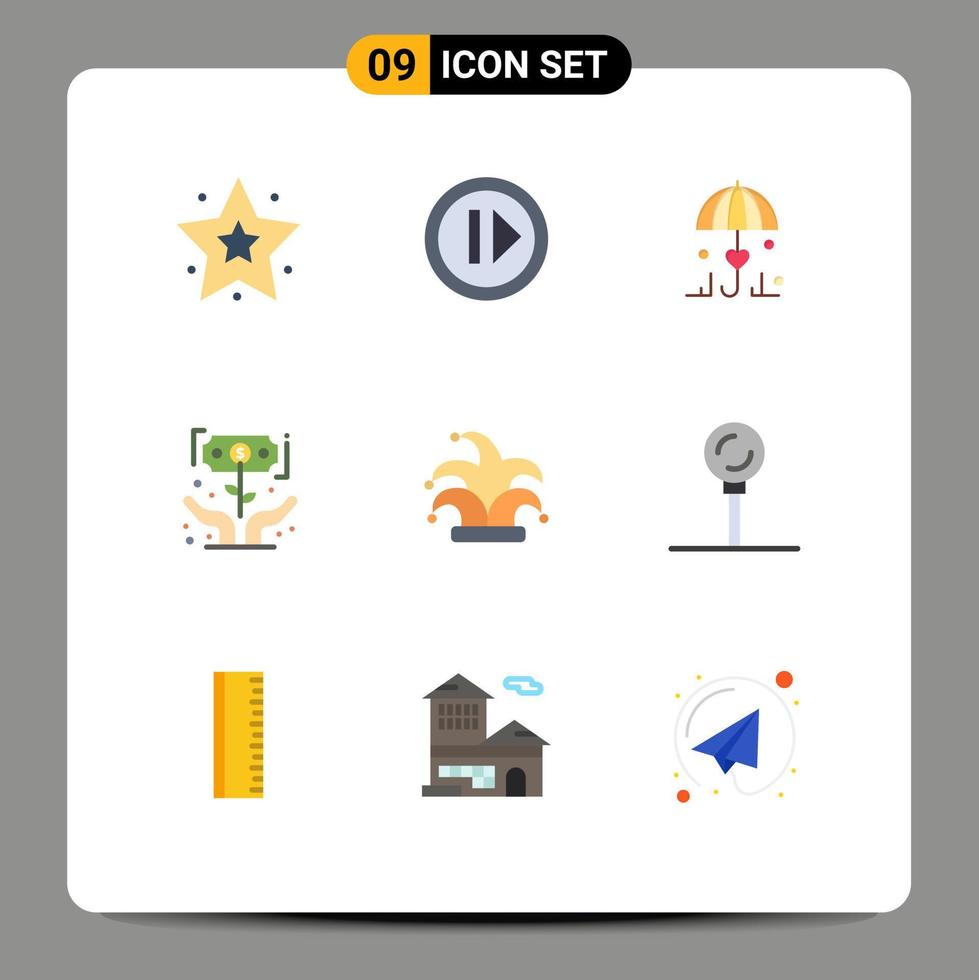 paquete de 9 9 moderno plano colores señales y símbolos para web impresión medios de comunicación tal como corona dinero paraguas inversor crecimiento editable vector diseño elementos