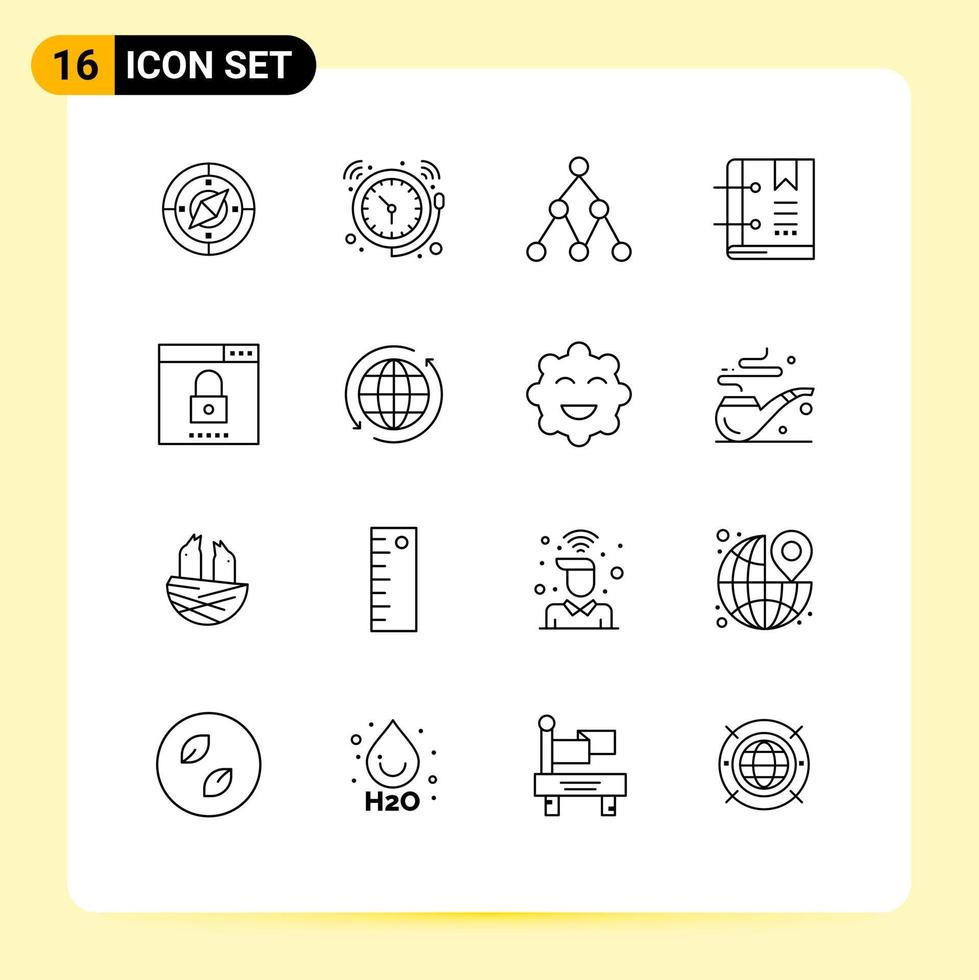 Universal Icon Symbols Group of 16 Modern Outlines of engine marker watch favorite book Editable Vector Design Elements