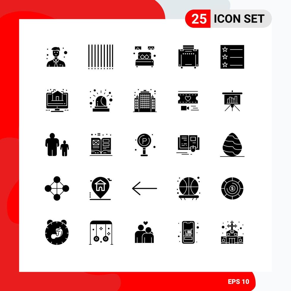 Mobile Interface Solid Glyph Set of 25 Pictograms of property house sleep list travel Editable Vector Design Elements