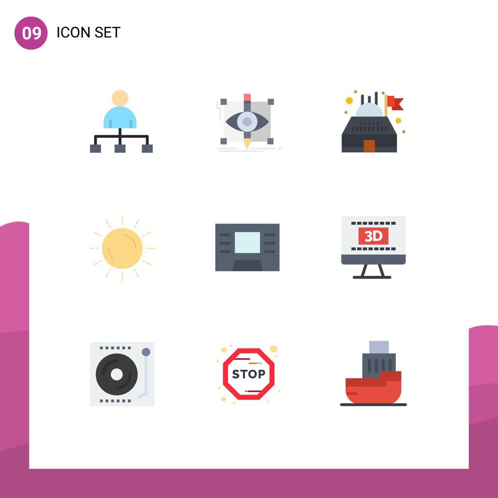 Pack of 9 Modern Flat Colors Signs and Symbols for Web Print Media such as atm sunrise visual sunset sun Editable Vector Design Elements