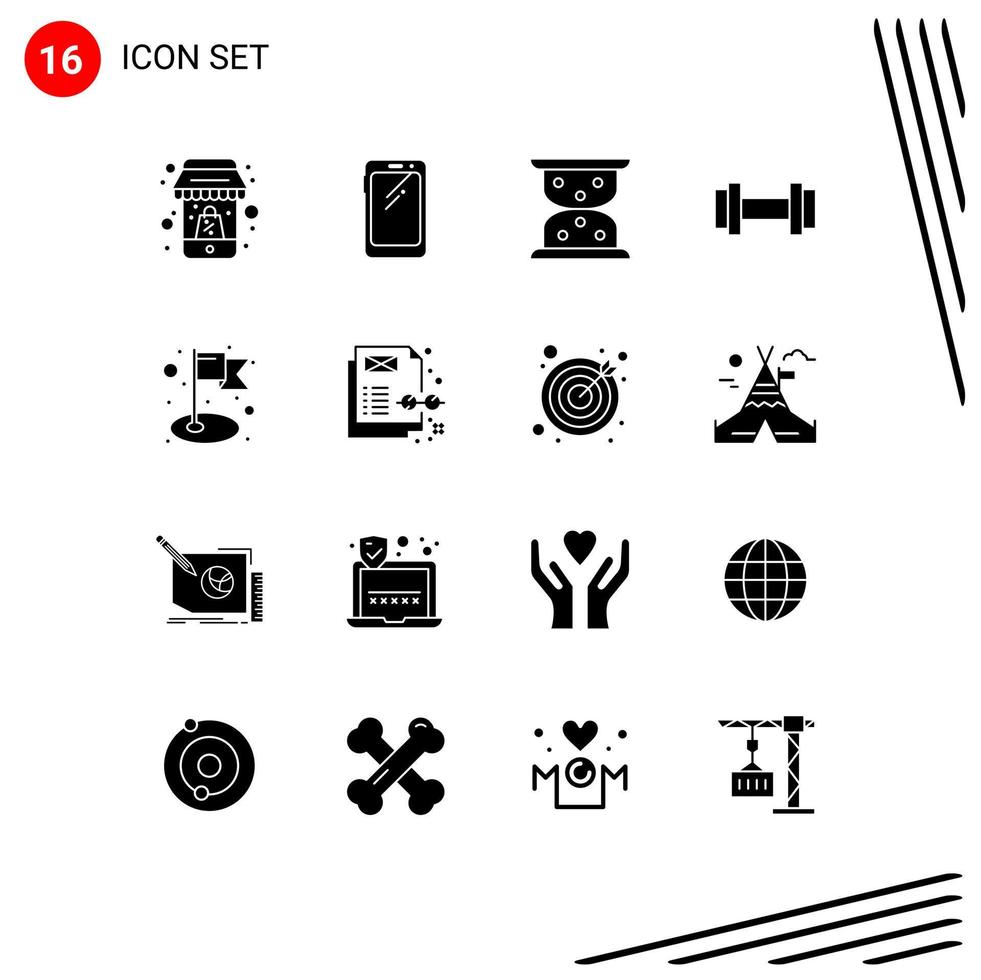 16 Thematic Vector Solid Glyphs and Editable Symbols of concept flag samsung achievement dumbbells Editable Vector Design Elements