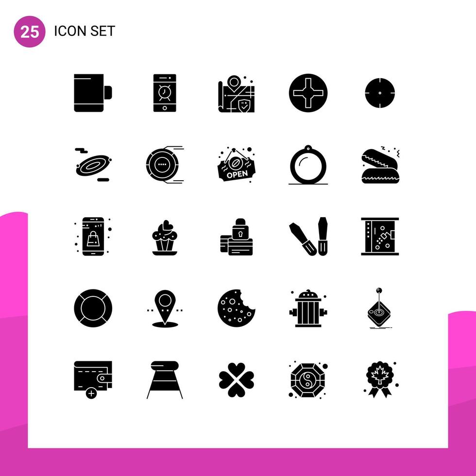 Pictogram Set of 25 Simple Solid Glyphs of space rotation surveillance target aim Editable Vector Design Elements