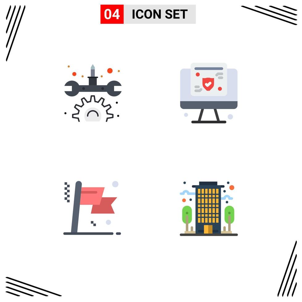 Pictogram Set of 4 Simple Flat Icons of gear flag computer insurance building Editable Vector Design Elements