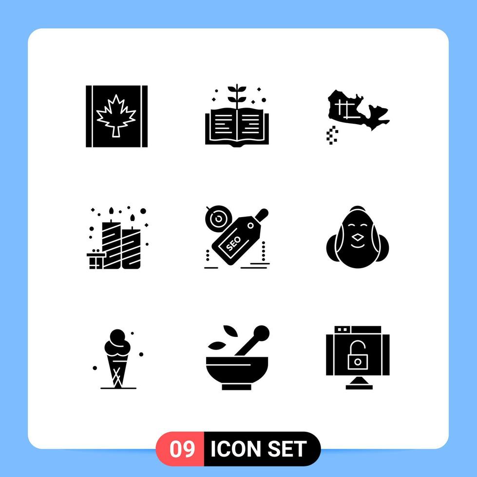 Set of 9 Commercial Solid Glyphs pack for promotion target location seo party Editable Vector Design Elements