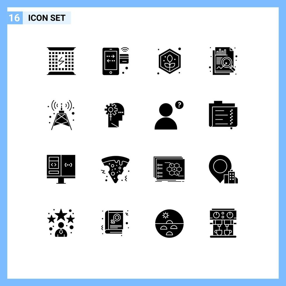 16 Universal Solid Glyphs Set for Web and Mobile Applications antenna chart mobile analysis plant Editable Vector Design Elements