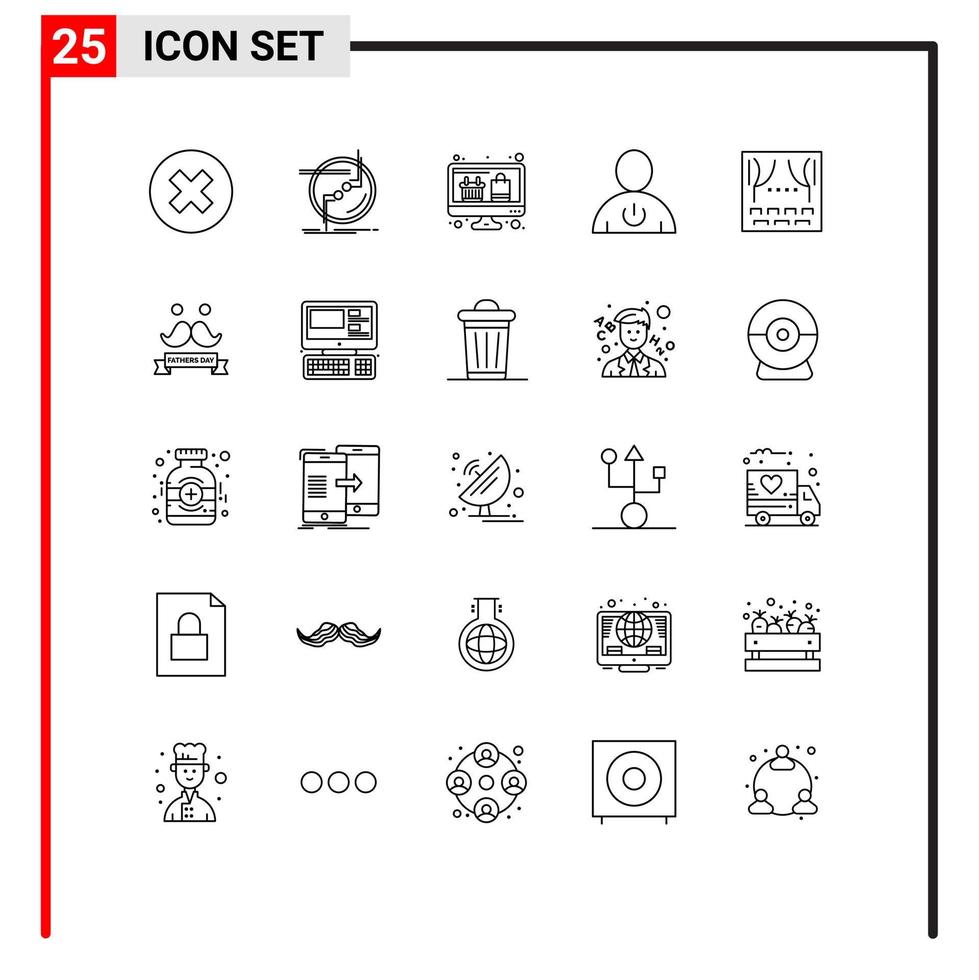 Pack of 25 Modern Lines Signs and Symbols for Web Print Media such as standby energy wire body online shopping Editable Vector Design Elements