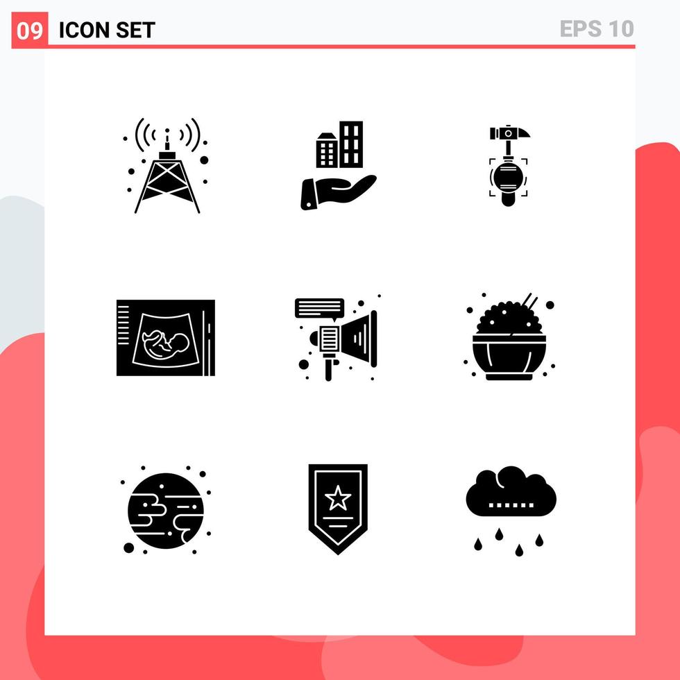 Pack of 9 Modern Solid Glyphs Signs and Symbols for Web Print Media such as megaphone ultrasound crash baby pregnancy Editable Vector Design Elements