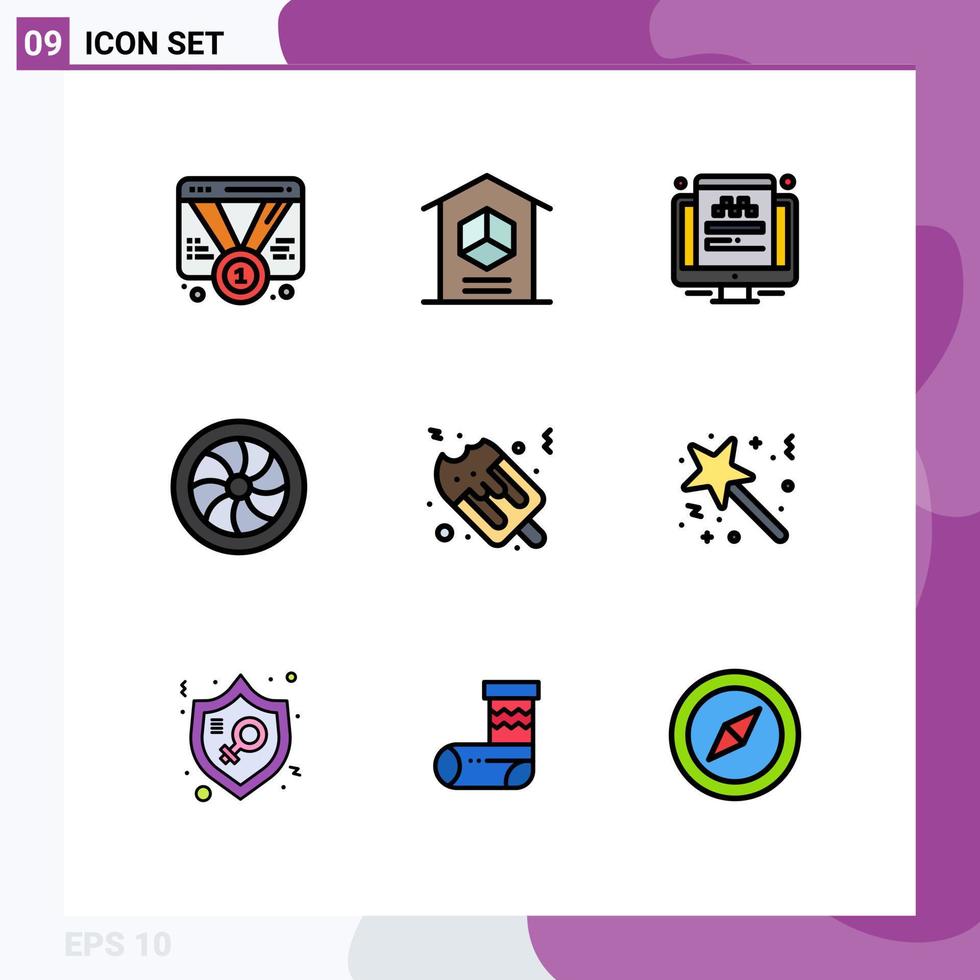 Pack of 9 creative Filledline Flat Colors of wheel mechanics product car website Editable Vector Design Elements