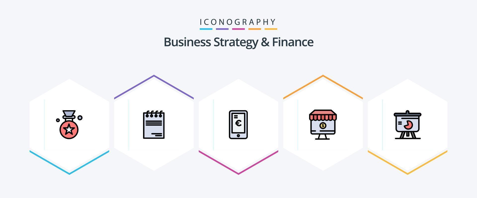 Business Strategy And Finance 25 FilledLine icon pack including chart. e. mobile. computer. shop vector