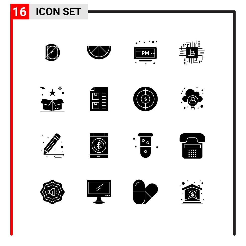 16 Thematic Vector Solid Glyphs and Editable Symbols of package surprize clock box finance Editable Vector Design Elements