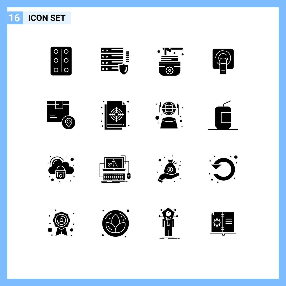 16 User Interface Solid Glyph Pack of modern Signs and Symbols of placeholder delivery lotus box finger tuch Editable Vector Design Elements