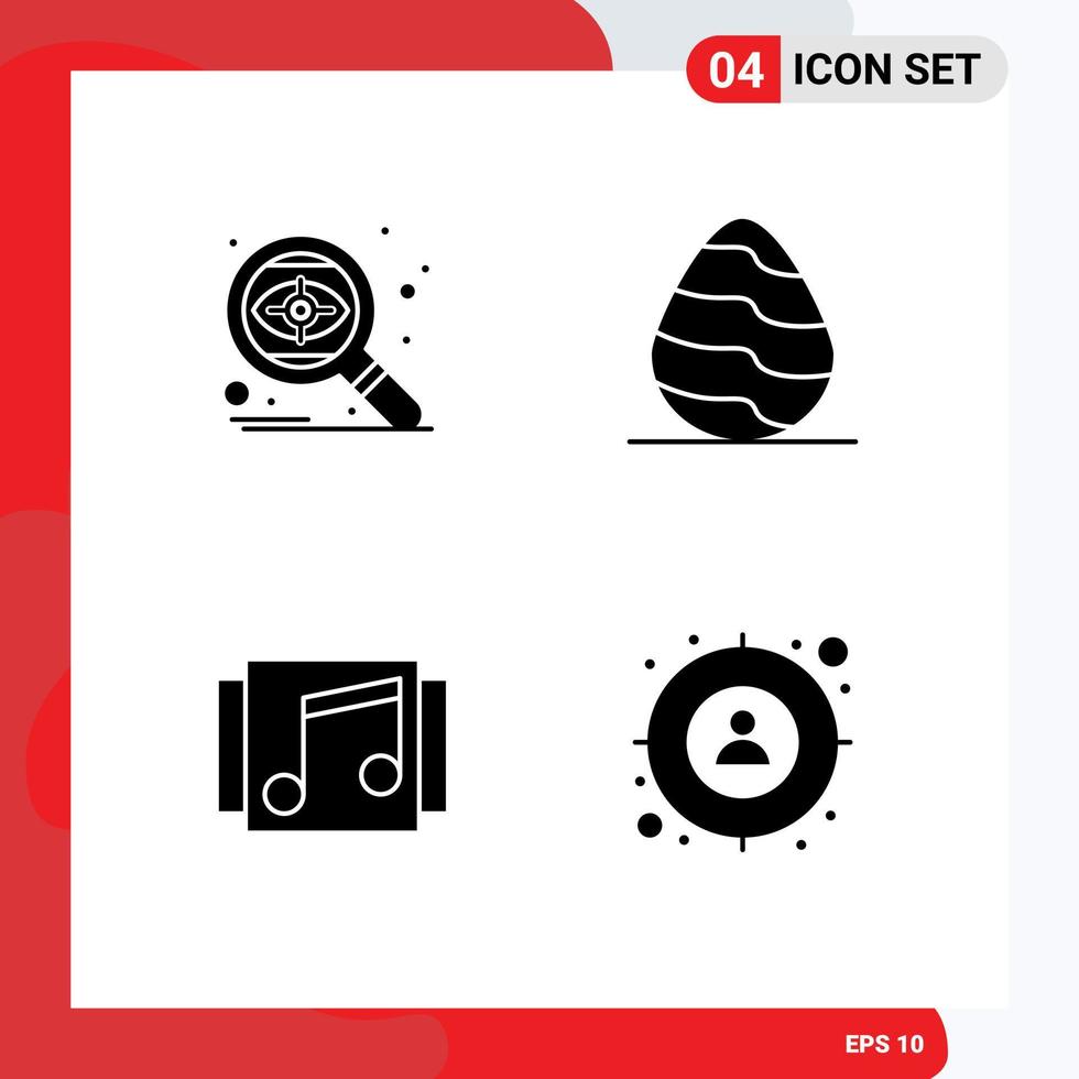 Mobile Interface Solid Glyph Set of 4 Pictograms of search media eye nature song Editable Vector Design Elements