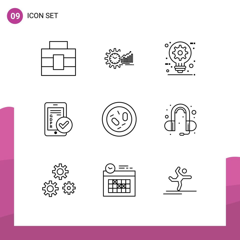 Mobile Interface Outline Set of 9 Pictograms of secure gdpr time idea creative Editable Vector Design Elements