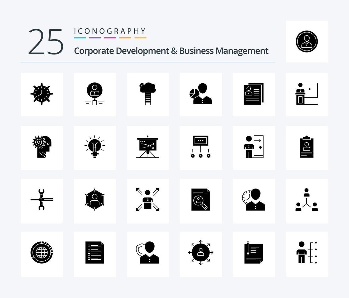 Corporate Development And Business Management 25 Solid Glyph icon pack including career. growth. glass. search. people vector