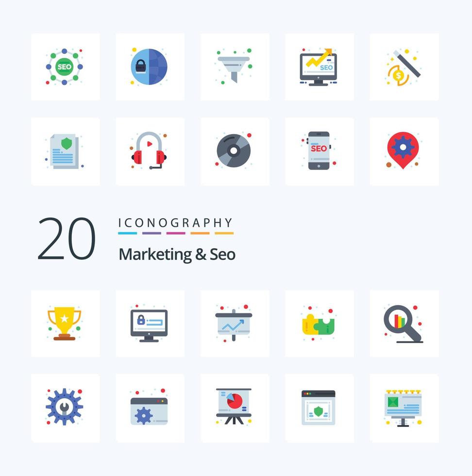 20 Marketing And Seo Flat Color icon Pack like stock strategy business puzzle statistic vector