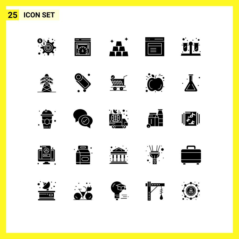 Pack of 25 creative Solid Glyphs of test window finance user interface Editable Vector Design Elements