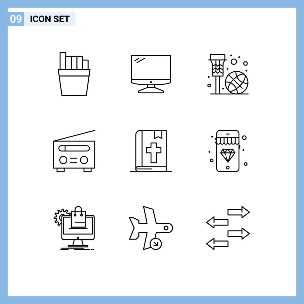Editable Vector Line Pack of 9 Simple Outlines of book user basketball radio device Editable Vector Design Elements