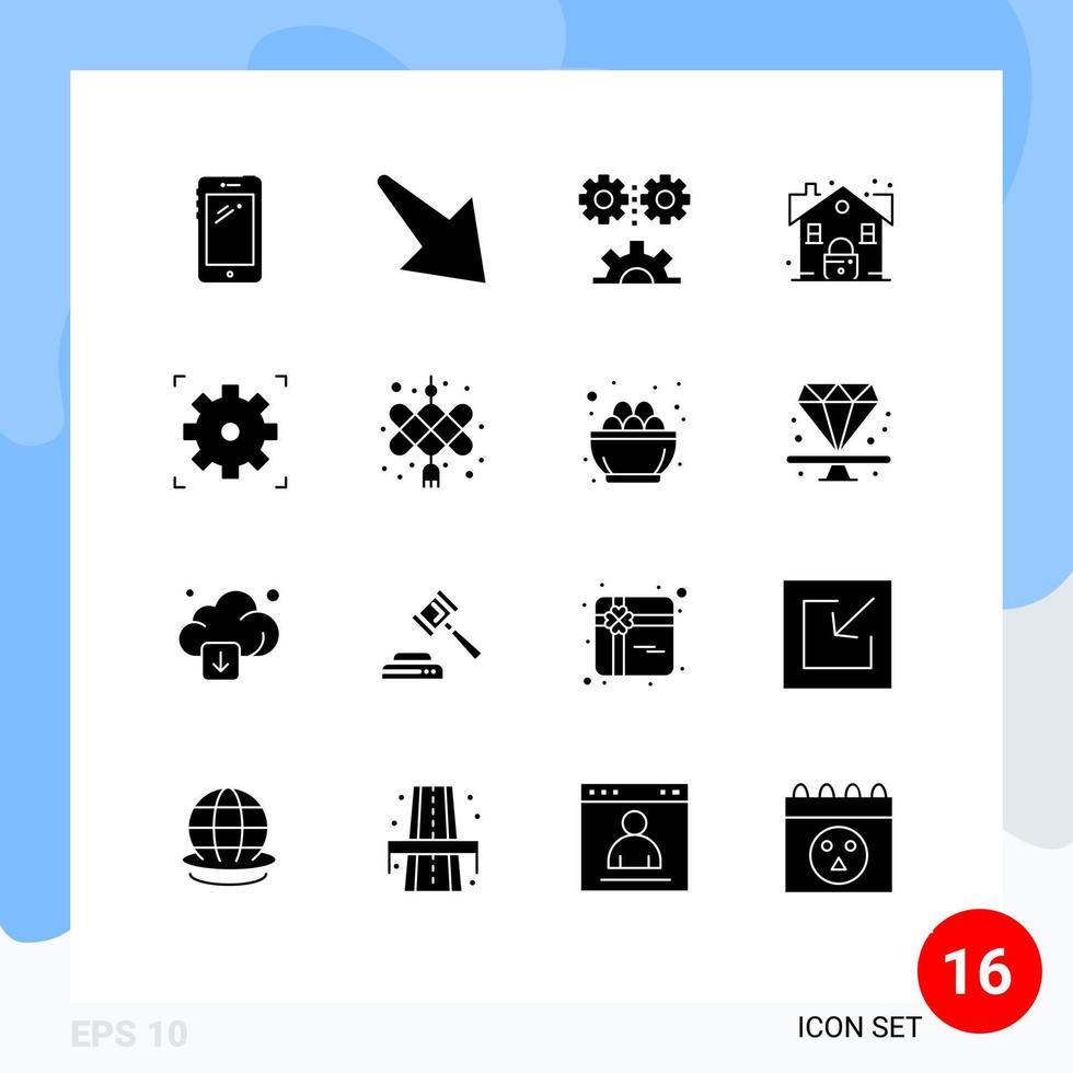 Modern Set of 16 Solid Glyphs Pictograph of cinema real applied science lock technology Editable Vector Design Elements