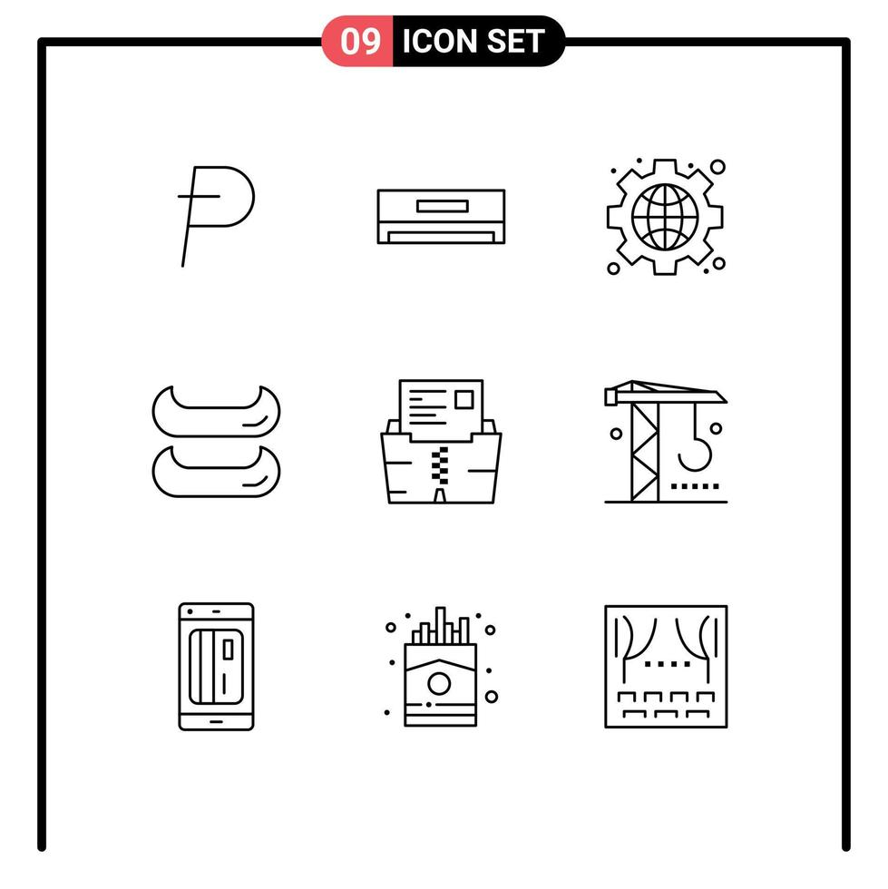 Outline Pack of 9 Universal Symbols of file data gear zip boat Editable Vector Design Elements