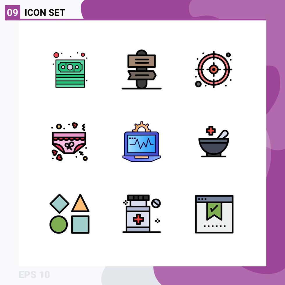 Pictogram Set of 9 Simple Filledline Flat Colors of computing computer target laptop underwear Editable Vector Design Elements