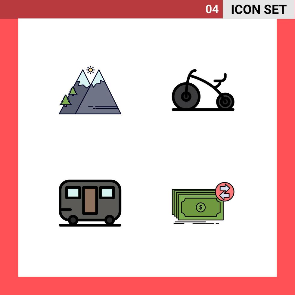 Editable Vector Line Pack of 4 Simple Filledline Flat Colors of mountains trailer sun bicycle wagon Editable Vector Design Elements