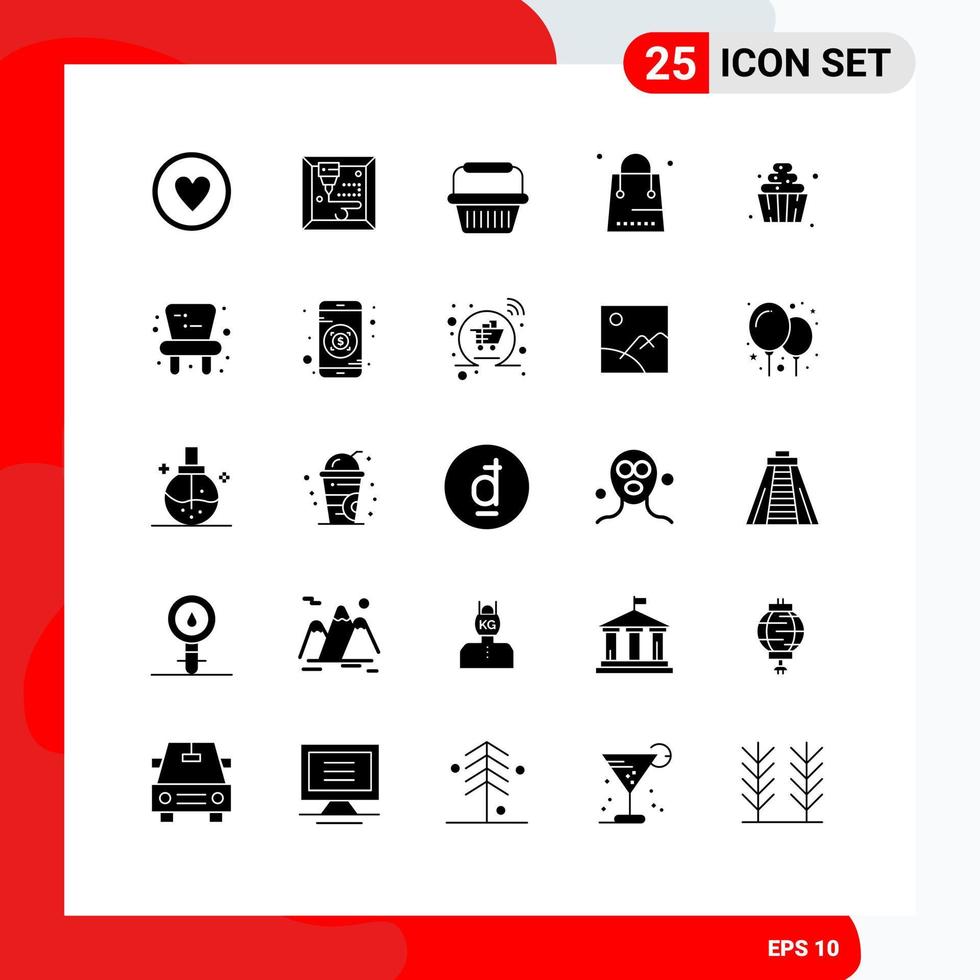 Group of 25 Modern Solid Glyphs Set for soft serve dessert retail shopping event Editable Vector Design Elements