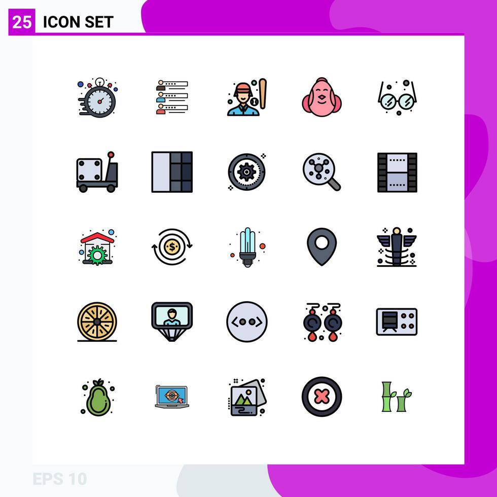 Group of 25 Filled line Flat Colors Signs and Symbols for egg player profile female baseball Editable Vector Design Elements