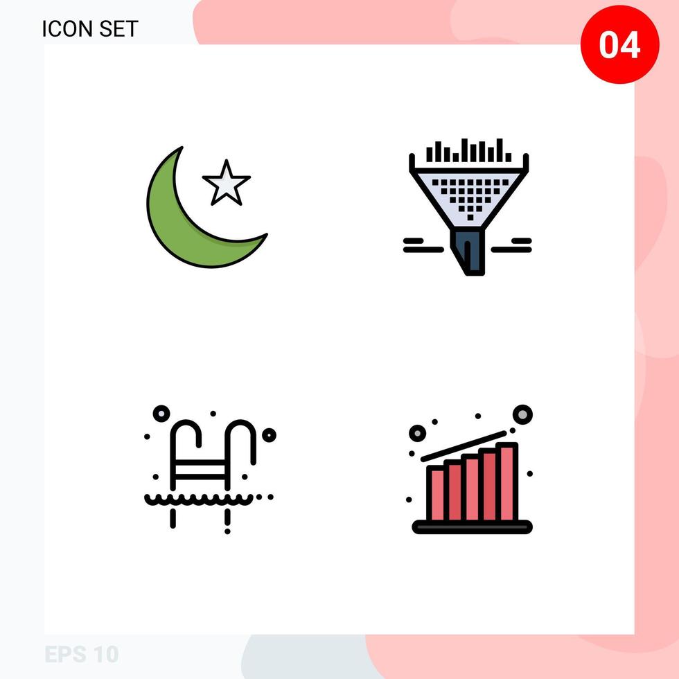 Set of 4 Vector Filledline Flat Colors on Grid for moon pool night funnel swimming Editable Vector Design Elements