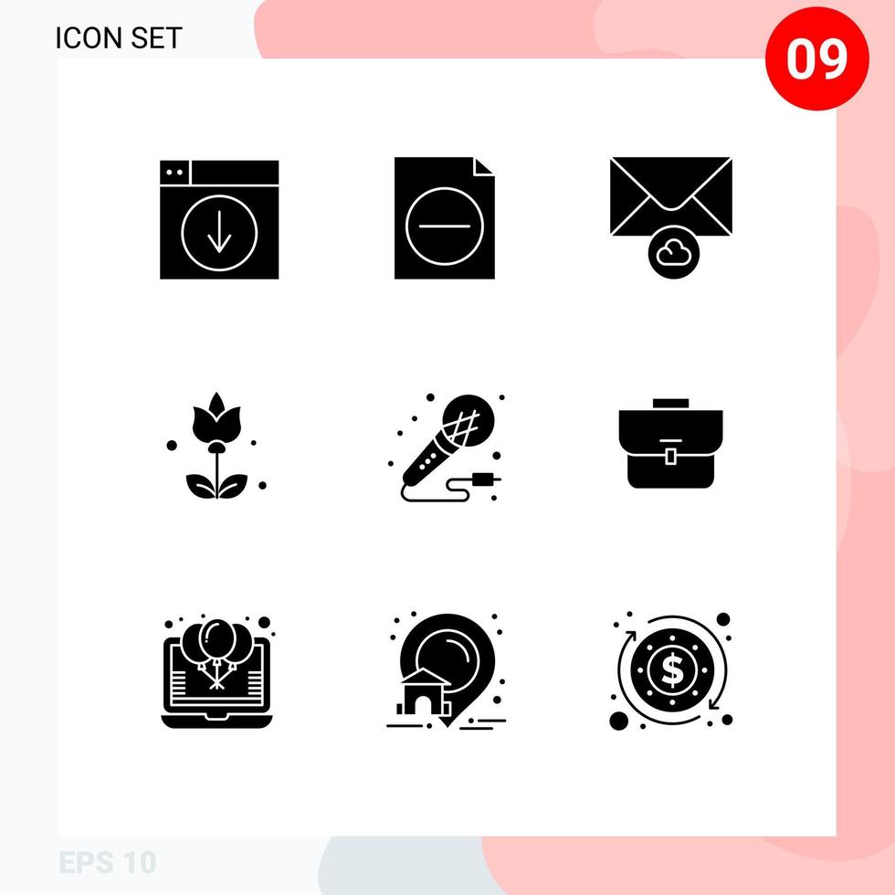 9 User Interface Solid Glyph Pack of modern Signs and Symbols of studio microphone cloud mic flowers Editable Vector Design Elements
