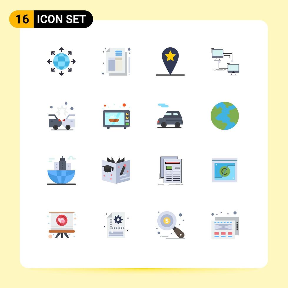 Group of 16 Modern Flat Colors Set for damage accident location computer connection Editable Pack of Creative Vector Design Elements