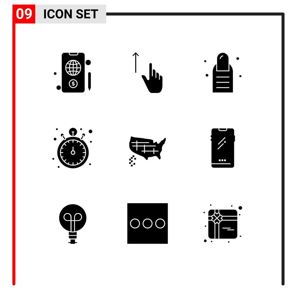 Modern Set of 9 Solid Glyphs and symbols such as united map beauty watch stop watch Editable Vector Design Elements