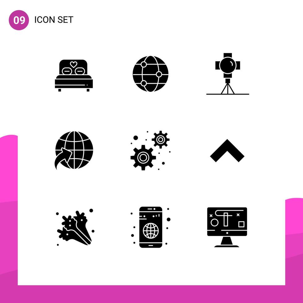 Pictogram Set of 9 Simple Solid Glyphs of settings development film travel arrow Editable Vector Design Elements