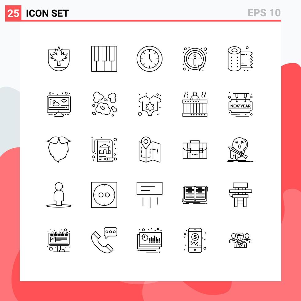 User Interface Pack of 25 Basic Lines of roll cleaning furniture information details Editable Vector Design Elements