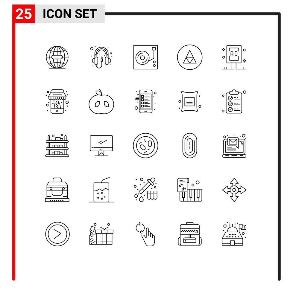 User Interface Pack of 25 Basic Lines of advertising symbolism music sign magic Editable Vector Design Elements
