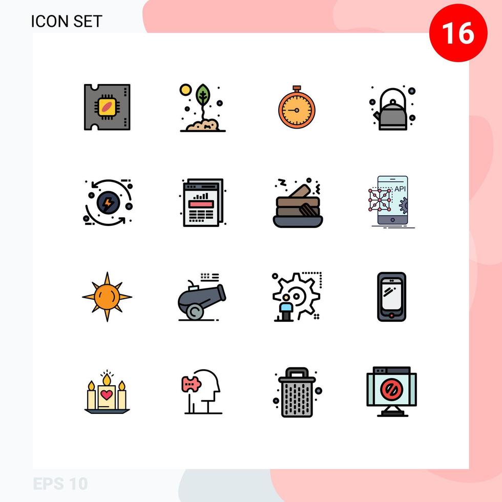 Group of 16 Modern Flat Color Filled Lines Set for pot watch nature timer quick Editable Creative Vector Design Elements