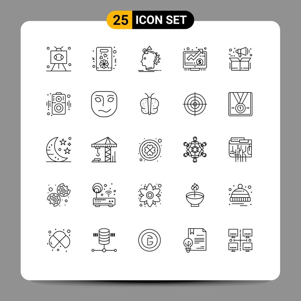 User Interface Pack of 25 Basic Lines of screen money present dollar idea Editable Vector Design Elements