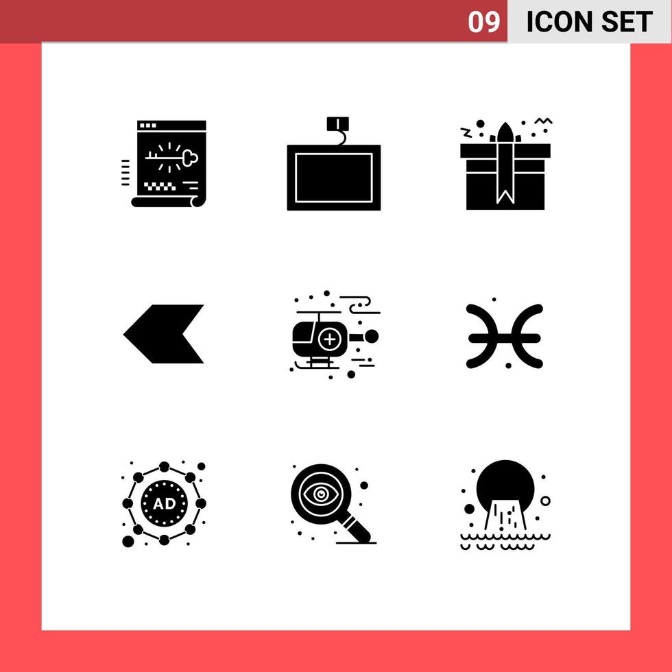 Group of 9 Modern Solid Glyphs Set for helicopter left gift pointer birthday Editable Vector Design Elements