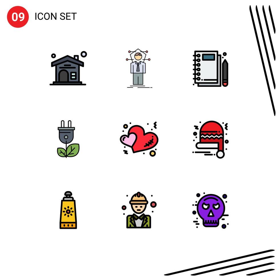 Pack of 9 creative Filledline Flat Colors of heart plug jotter energy writing Editable Vector Design Elements