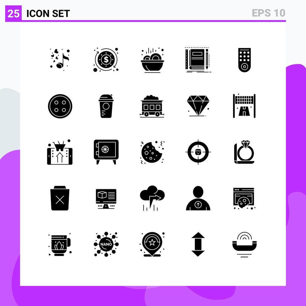 Group of 25 Solid Glyphs Signs and Symbols for remote sketching food pocket notebook Editable Vector Design Elements